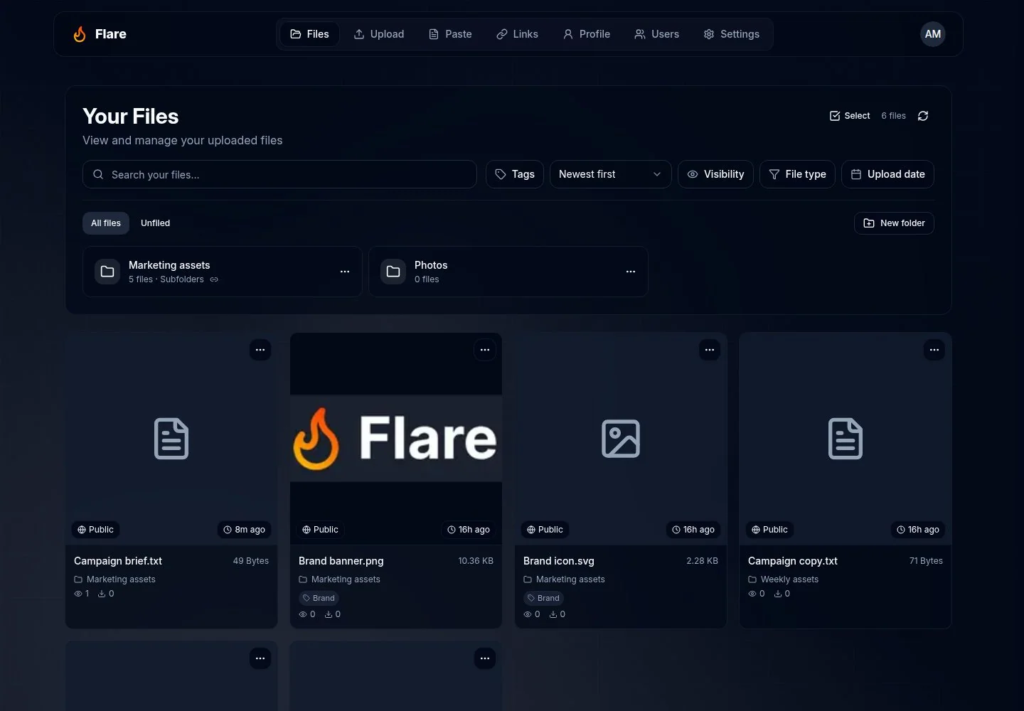 All files with folder navigation, tag filtering, and image and document cards