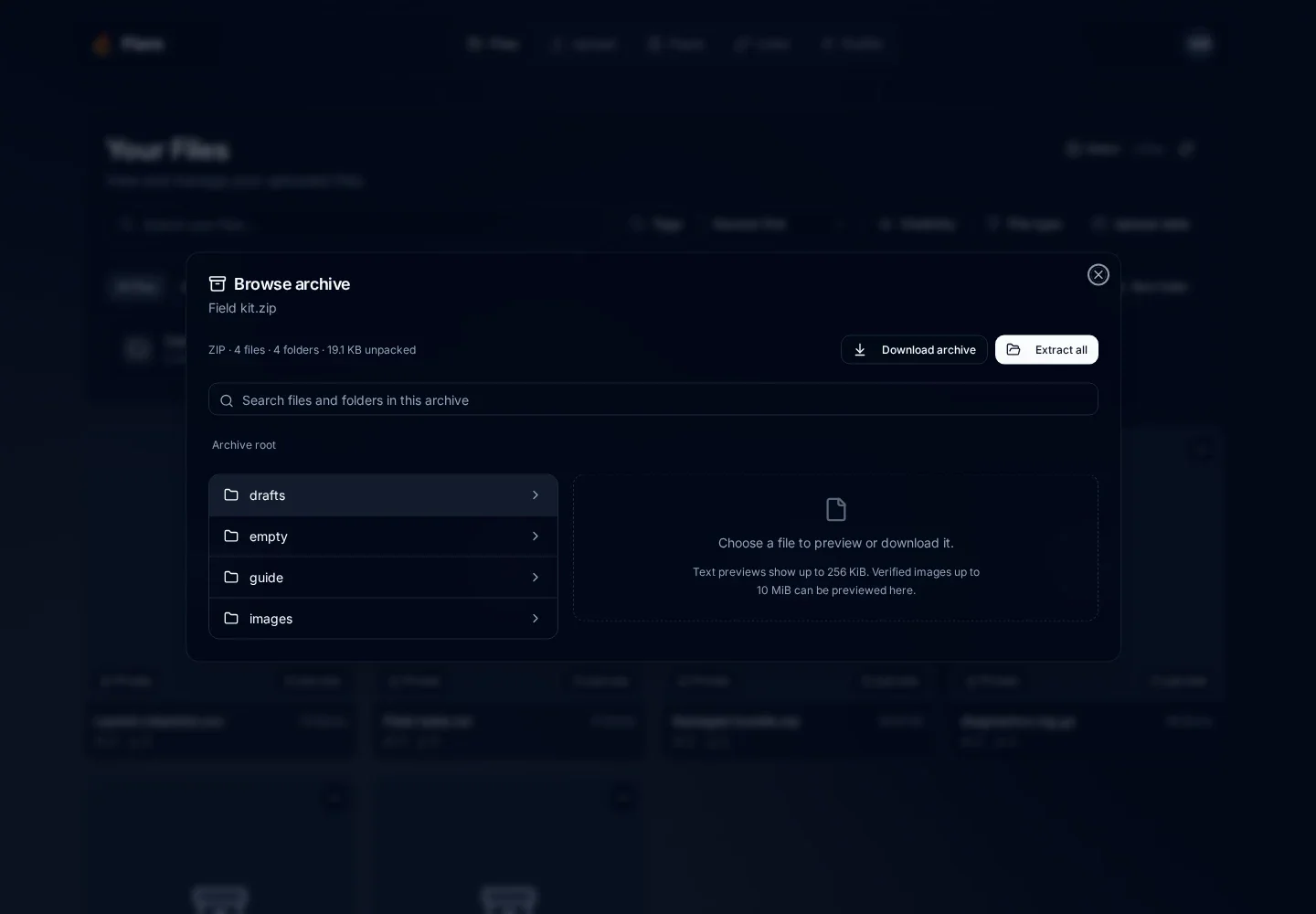 Archive browser showing Field kit.zip with four files, four folders, path search, and Extract all