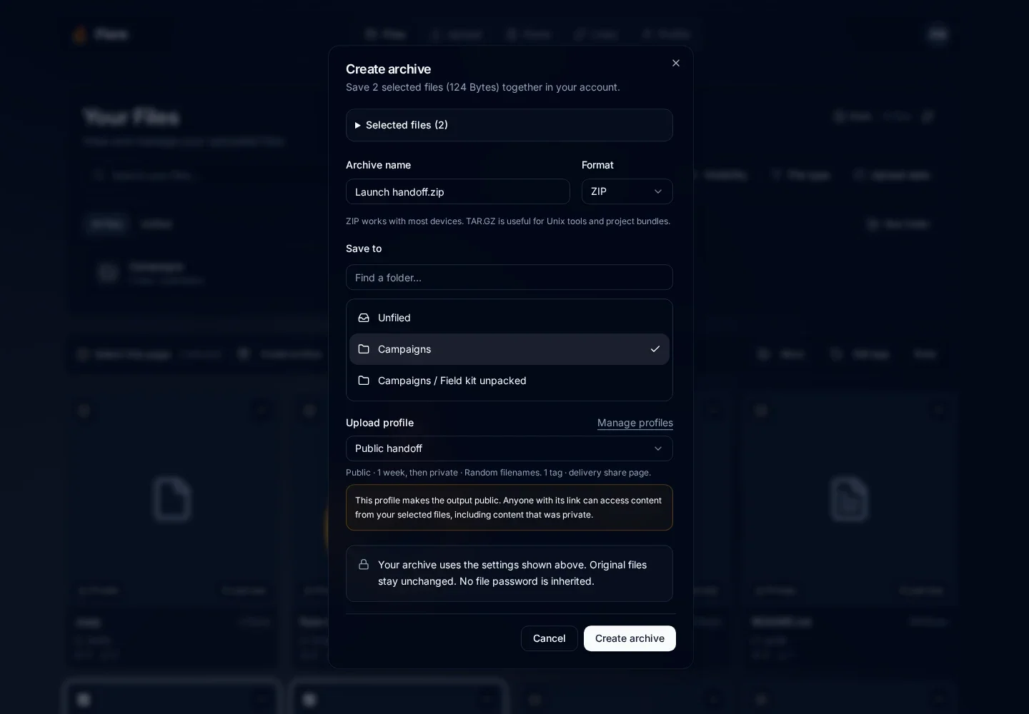 Public handoff selected in Create archive with public visibility, one-week expiration, randomized filenames, Delivery share page, and one tag