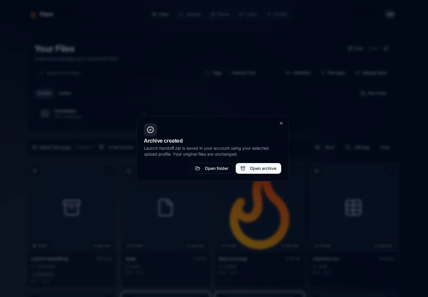 Archive created confirmation for Launch handoff.zip with Open folder and Open archive actions