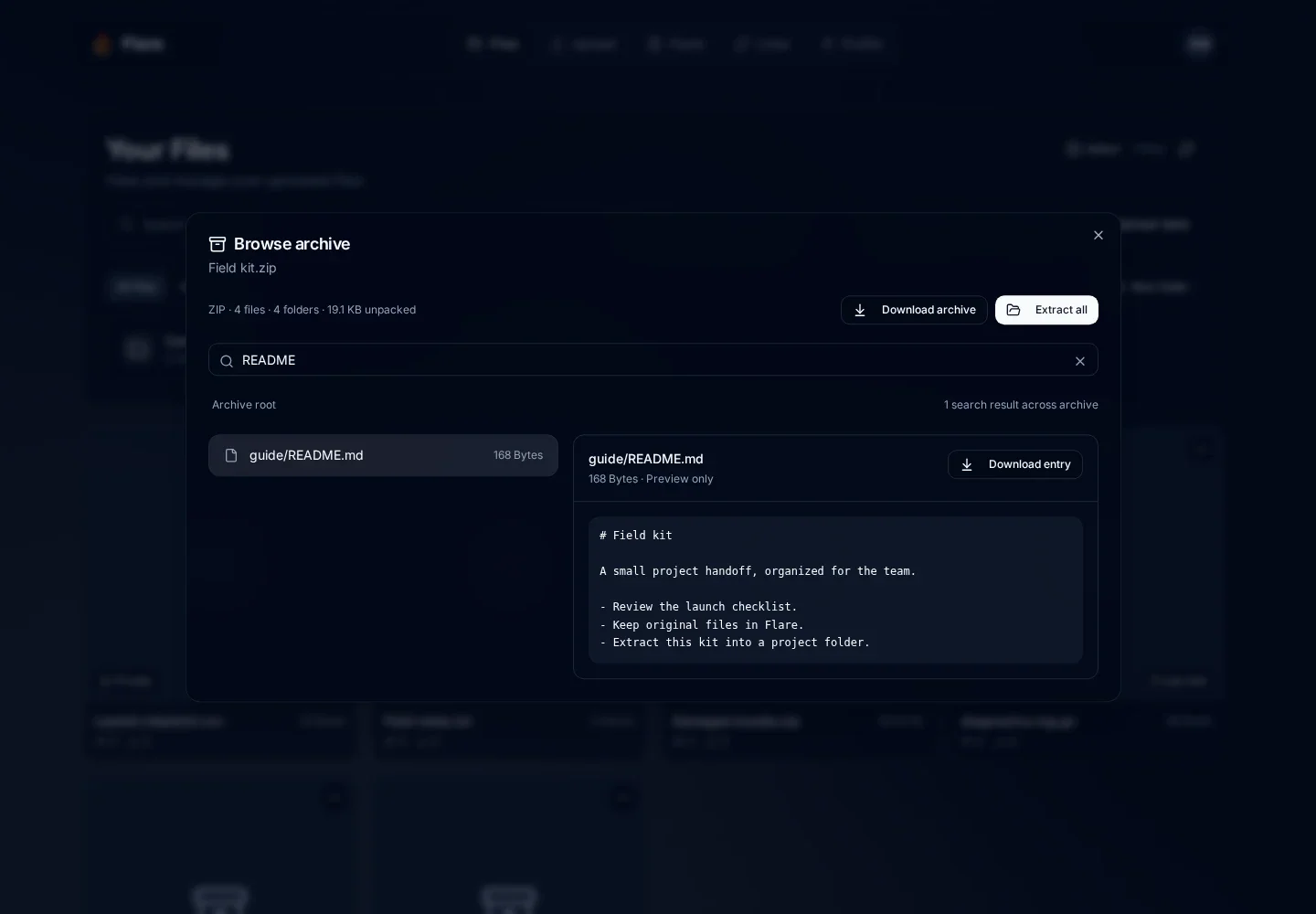 Search for README in Field kit.zip showing the guide/README.md text and Download entry action