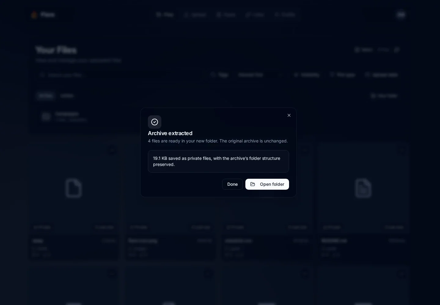 Archive extracted confirmation showing four private files saved and an Open folder action