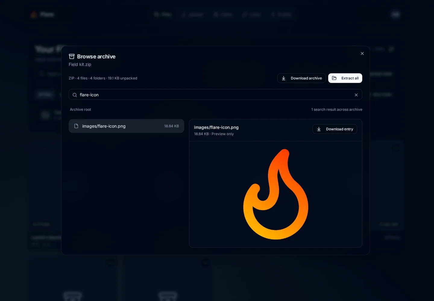 Verified PNG image preview of the Flare icon inside Field kit.zip