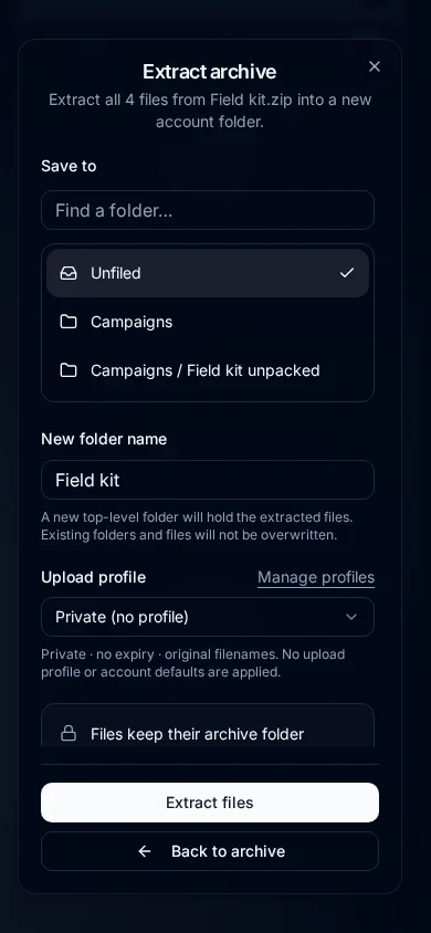 Mobile Extract archive dialog with destination choices and extraction actions