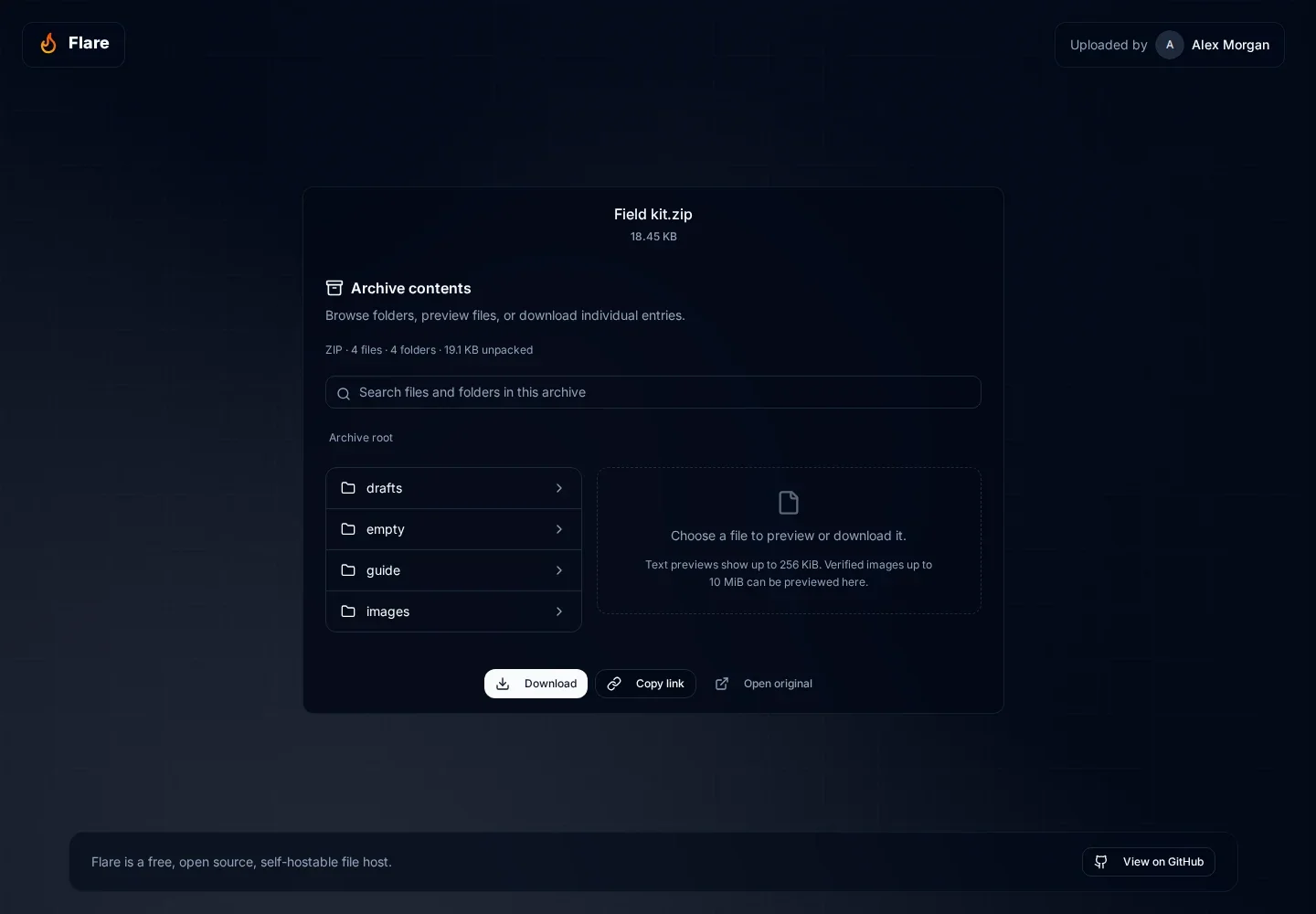 Public Field kit.zip share page with inline Archive contents, four folders, and the whole-file Download action