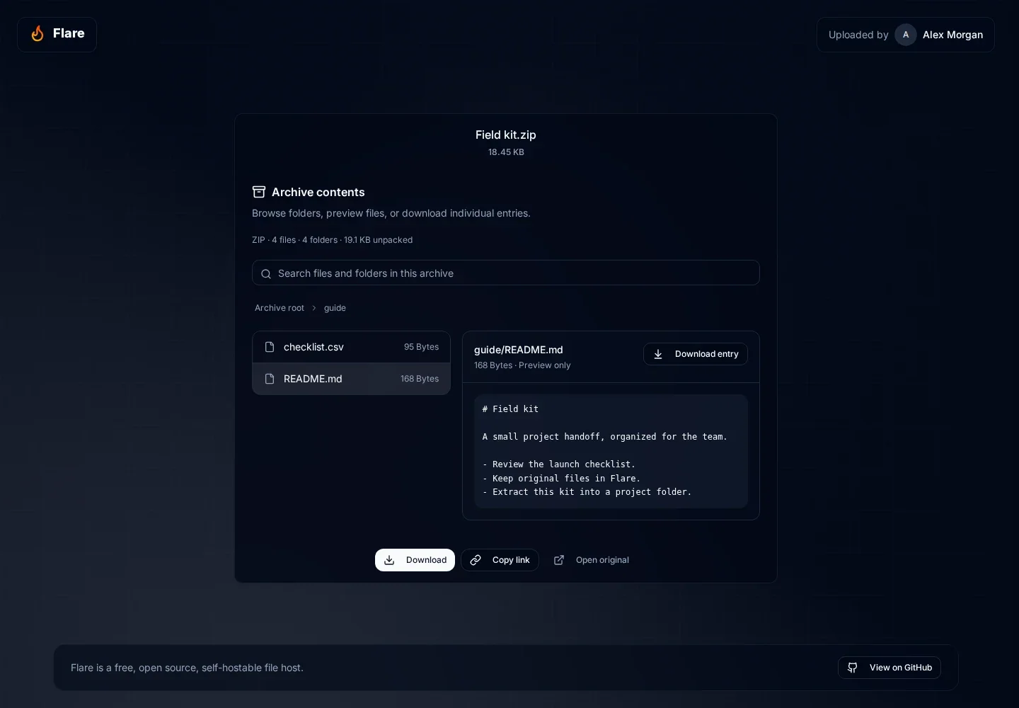 Shared archive with the guide folder open, README.md text preview, and Download entry beside the member name