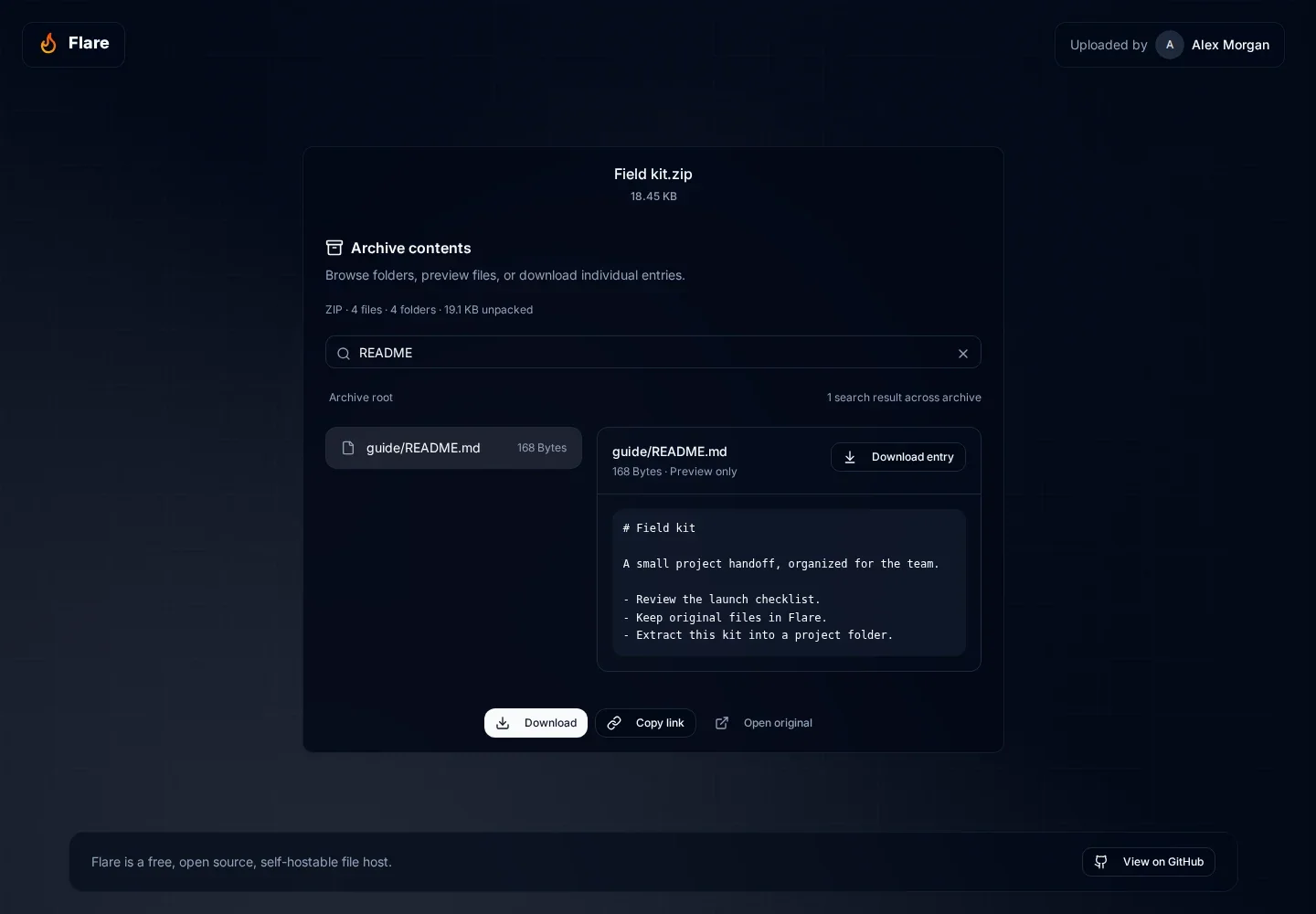 Previously protected archive after successful access, showing README search results, text preview, and Download entry
