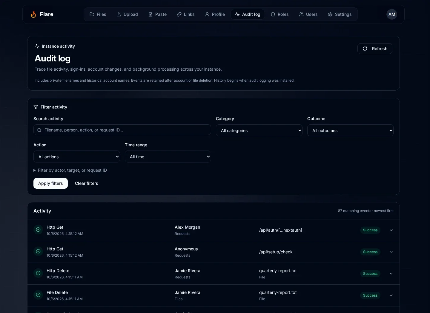 Flare Audit log on desktop showing searchable instance events with time, actor, action, target filename, and outcome
