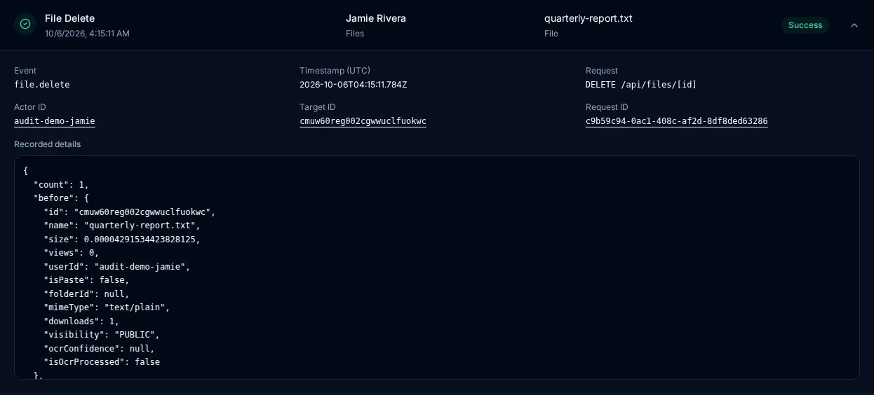 Expanded audit event details showing recorded actor and target context with selected metadata