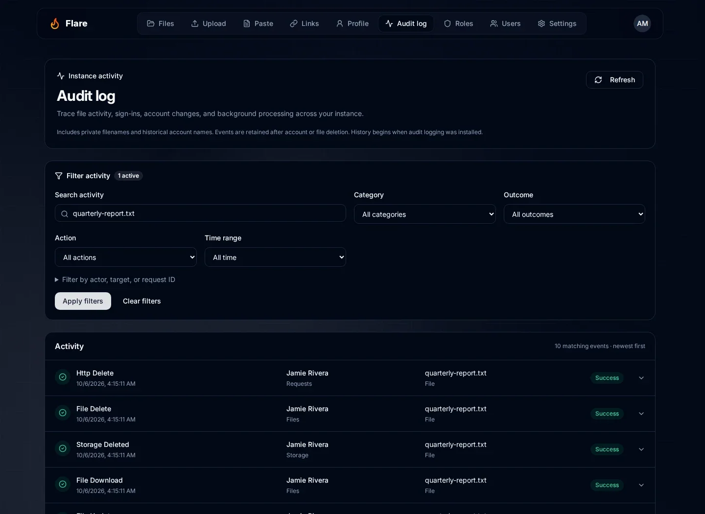 Audit log narrowed by filters to a smaller set of matching instance events