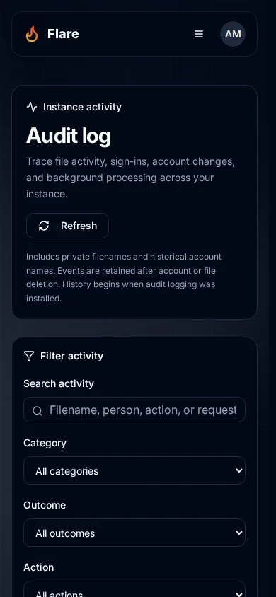 Mobile Audit log header with search, category, and outcome filters in a single-column layout