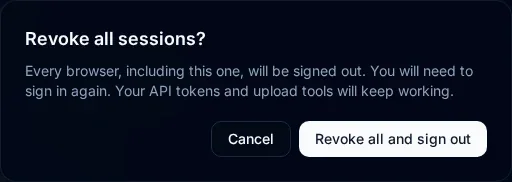 Revoke all sessions confirmation warns that every browser including this one will be signed out, with a Revoke all and sign out button