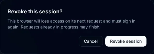 Revoke this session confirmation explains that the other browser loses access on its next request