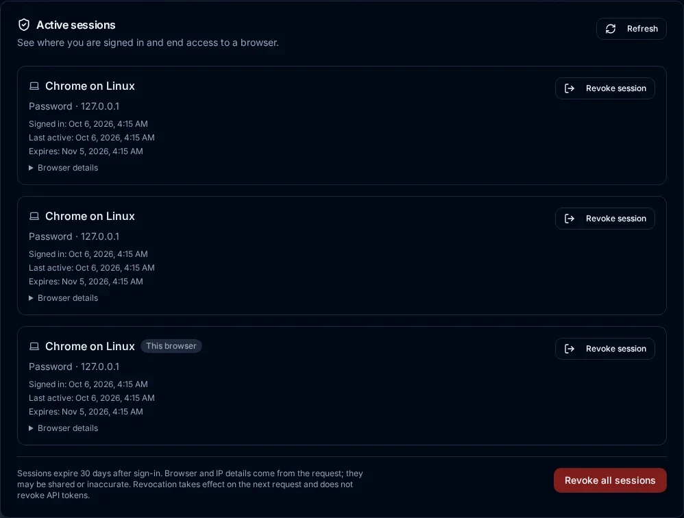 Profile Account section showing active browser sessions, a This browser marker, individual Revoke session actions, and Revoke all sessions