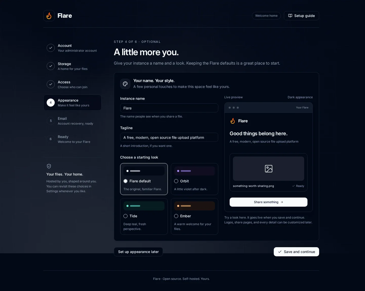 Setup appearance step showing the Flare default starting look and the Setup guide link