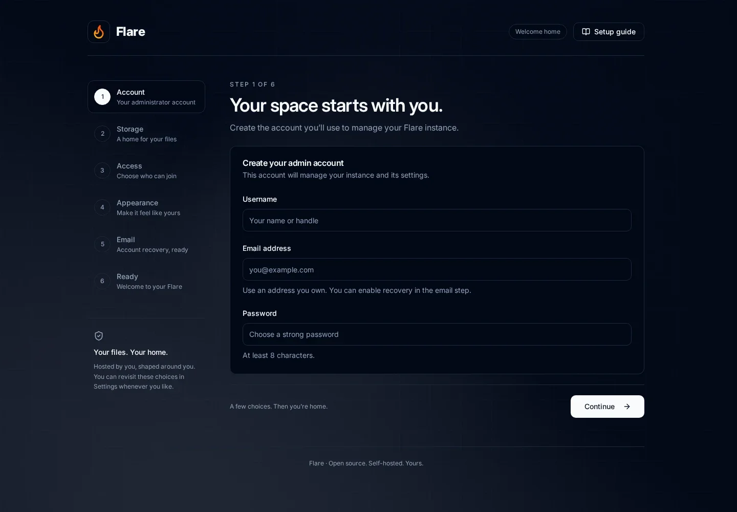 First-run account form with a Setup guide link in the header
