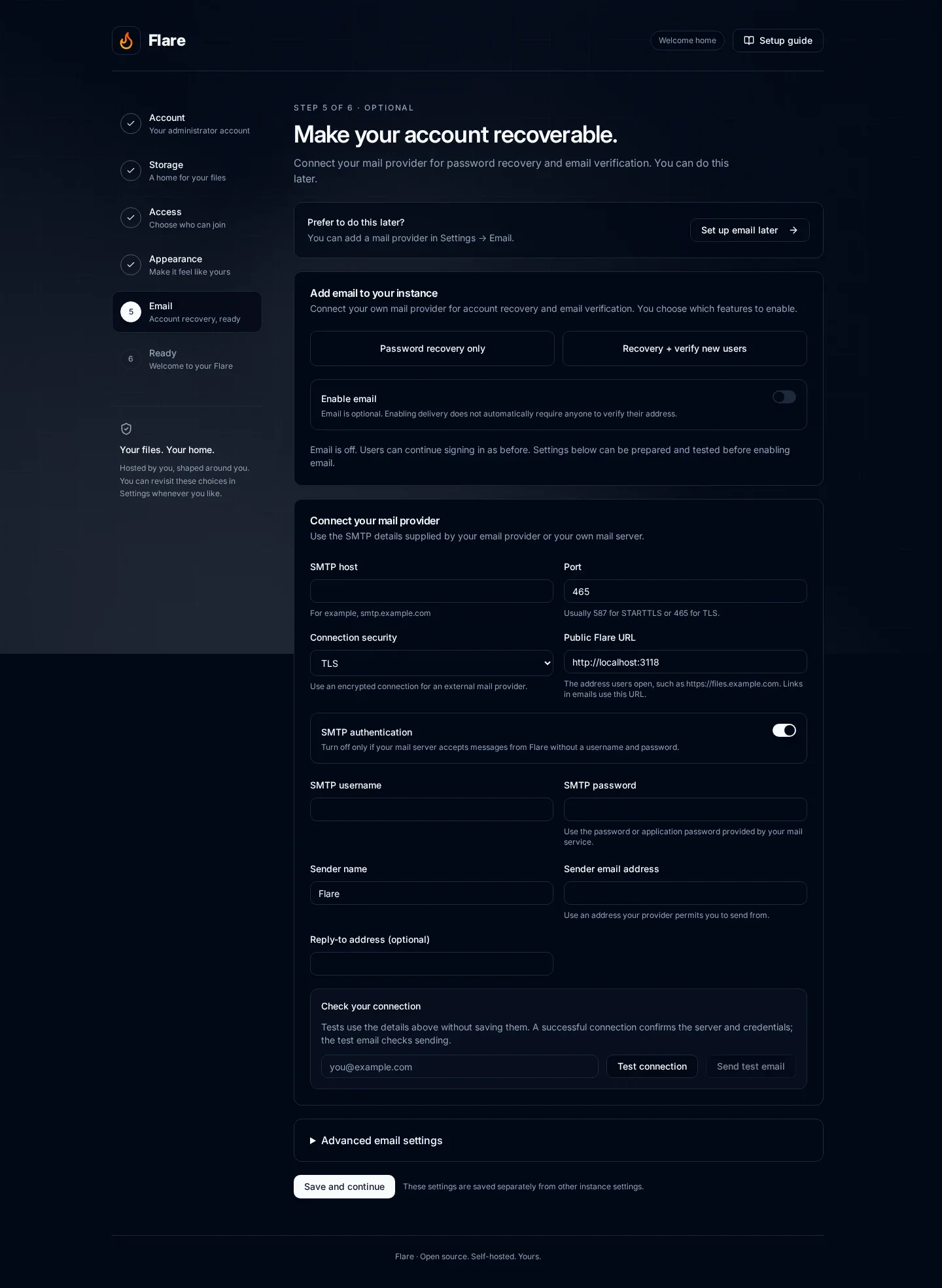 Optional email setup with email left for later and the Setup guide link still available