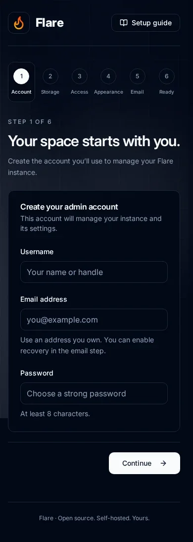 Mobile first-run setup with the Setup guide link above the account form