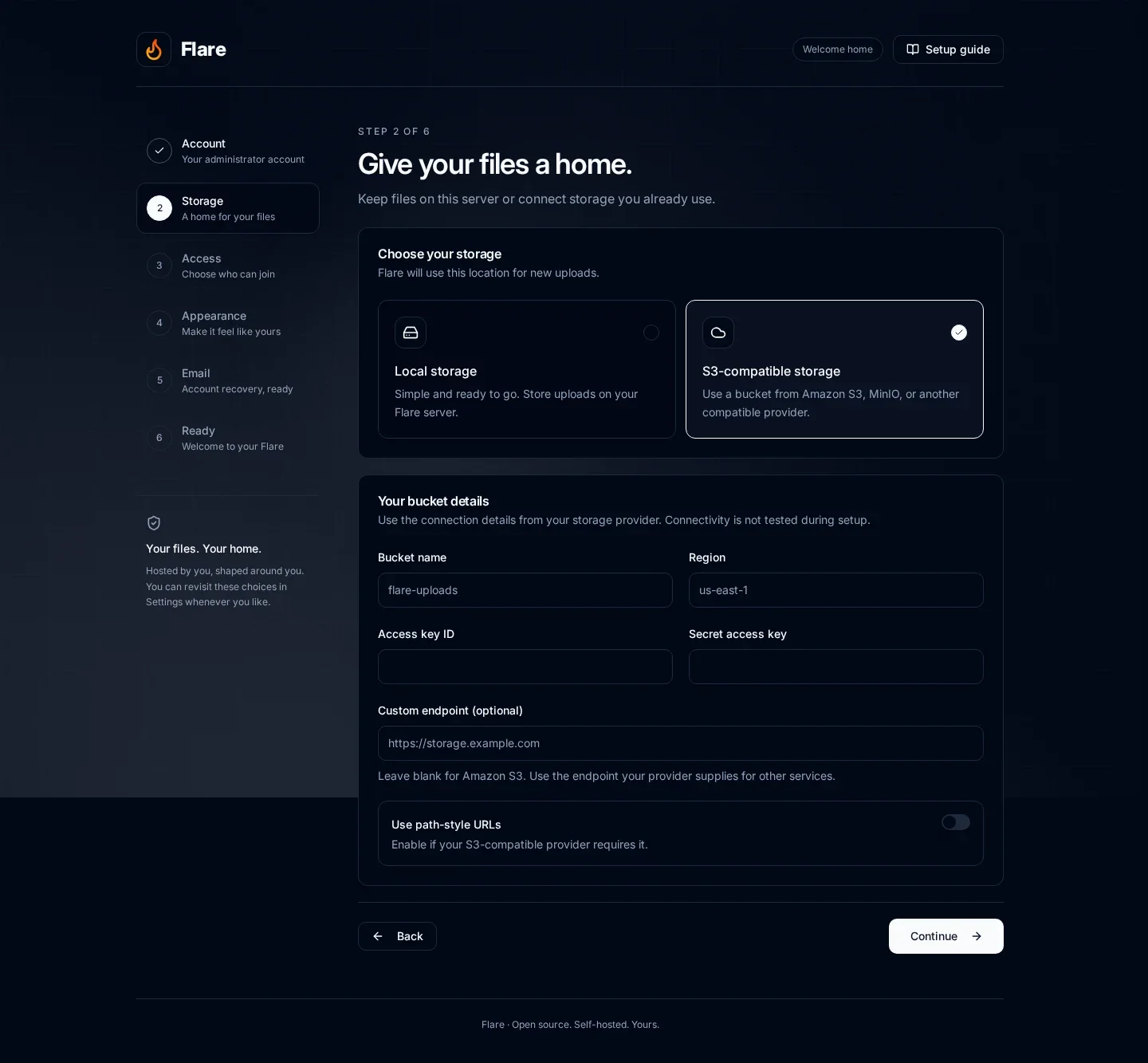 Setup storage step with empty S3 bucket and connection fields and the Setup guide link above