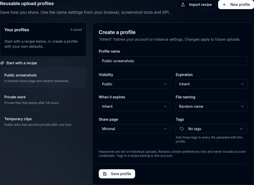 Current upload profile editor with the Public screenshots starter selected and a Tags selector