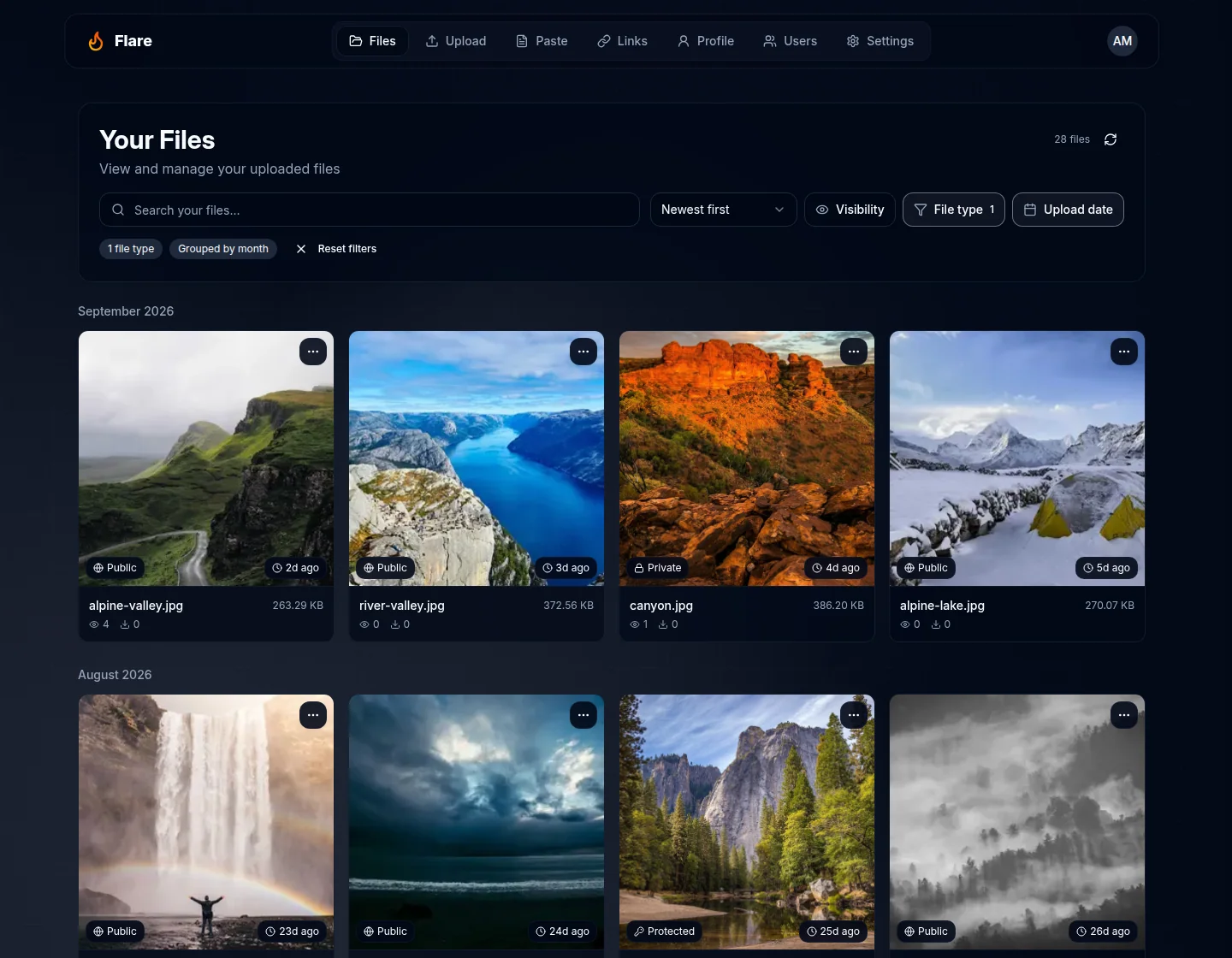 Flare’s real file library, showing image previews, privacy indicators, search, and files grouped by month.