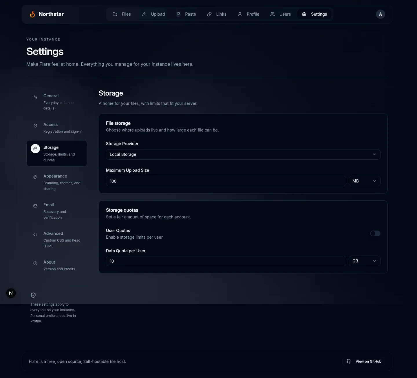 Flare Storage settings showing the storage provider and upload limits