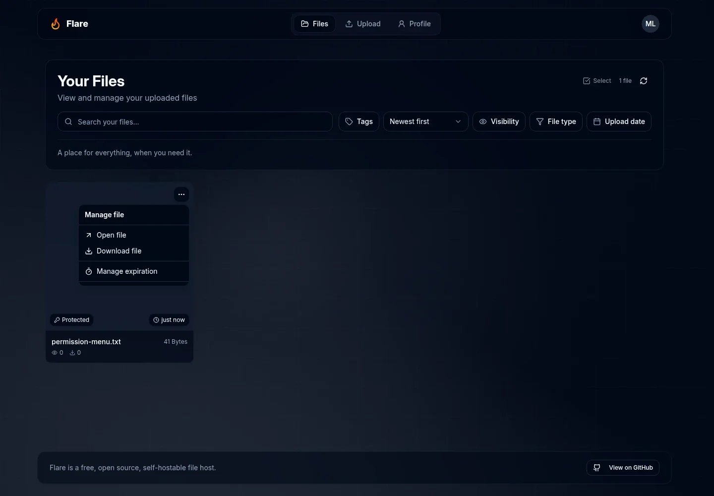 File menu for an account with file-edit permission showing Manage expiration, without password or visibility actions