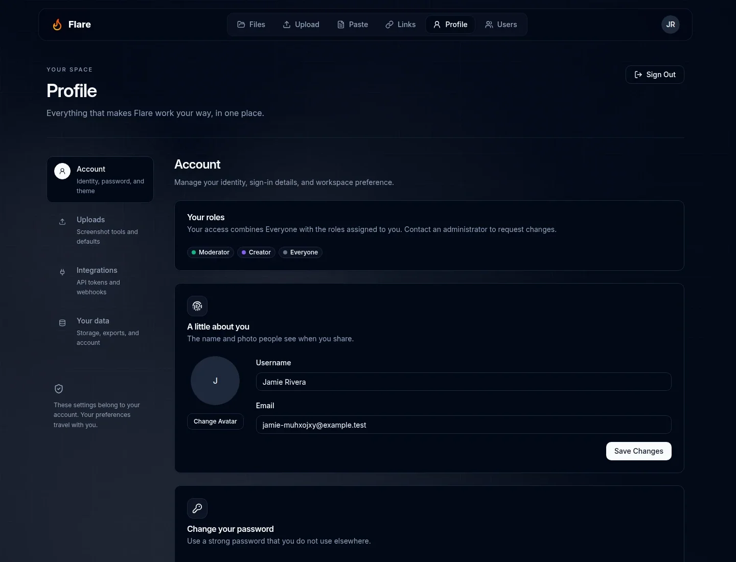 Profile Account section showing the demonstration account’s Moderator, Creator, and Everyone roles above its identity fields