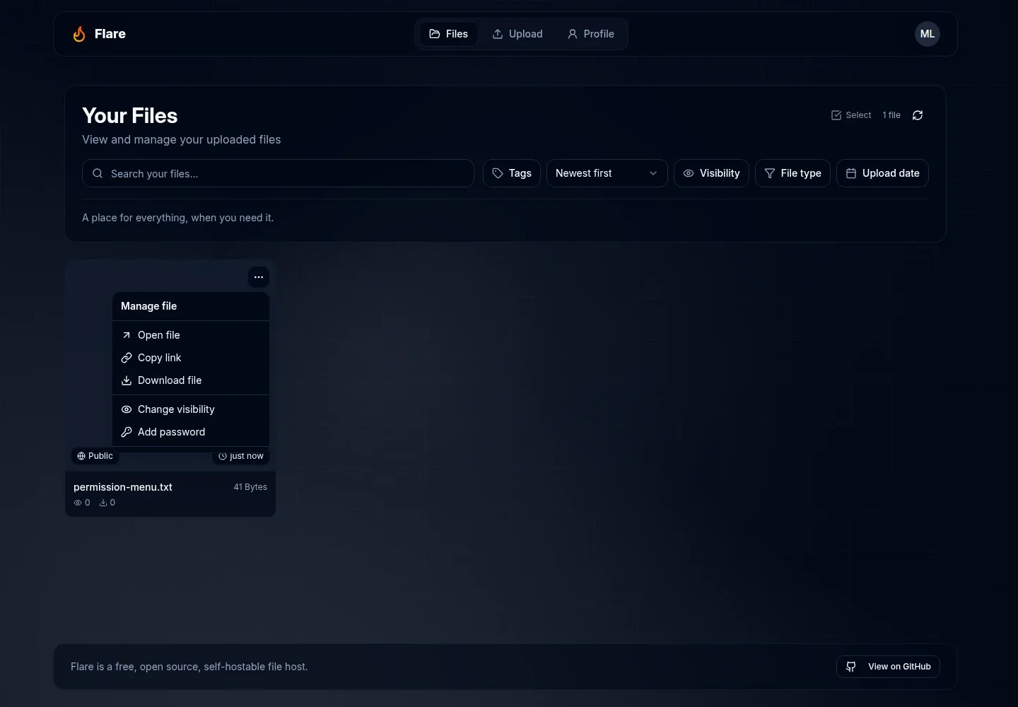 File menu for an account with sharing permission showing Add password and Change visibility, without Manage expiration