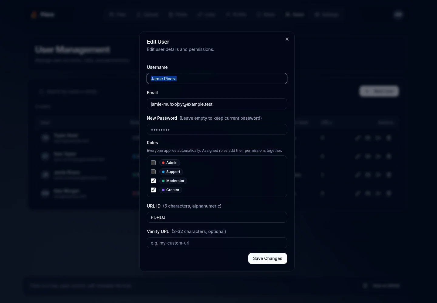 Edit User dialog with multiple role selections, identity fields, and URL settings