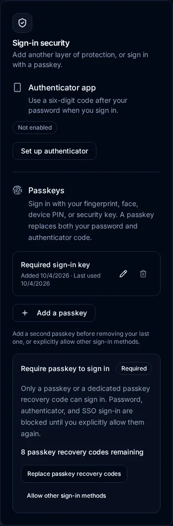 Mobile sign-in security shows a required passkey, remaining dedicated recovery codes, and controls to replace codes or allow other sign-in methods