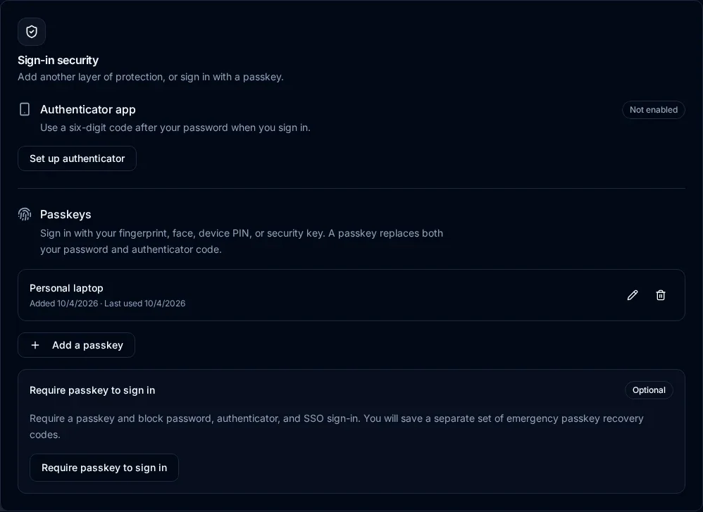 Sign-in security lists Personal laptop with its added and last-used dates, rename and remove actions, and Add a passkey