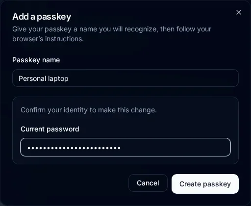 Add a passkey dialog naming Personal laptop and requesting current-password confirmation before Create passkey