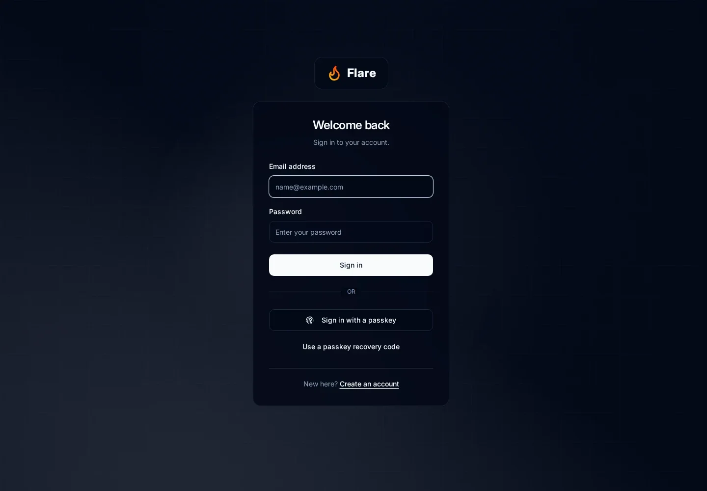 Flare login with email and password fields and a separate Sign in with a passkey button