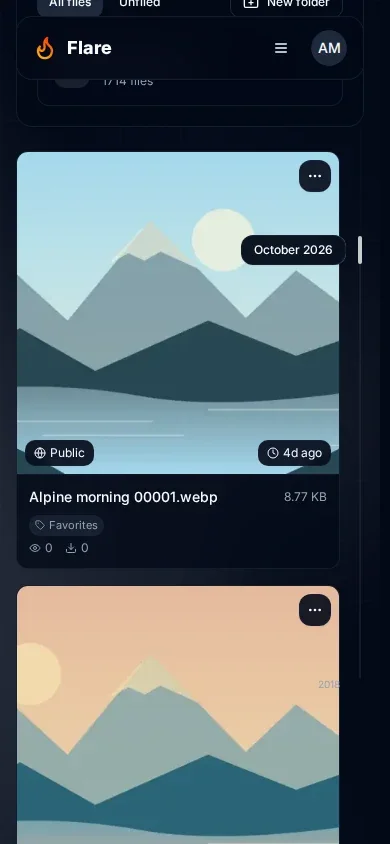 The continuous file library on a narrow mobile screen with readable file cards and a date rail at the right edge