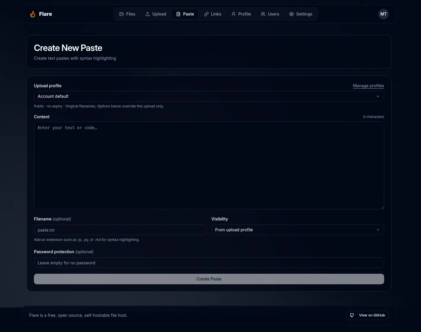 Paste form with an upload profile, text editor, filename, visibility, and password