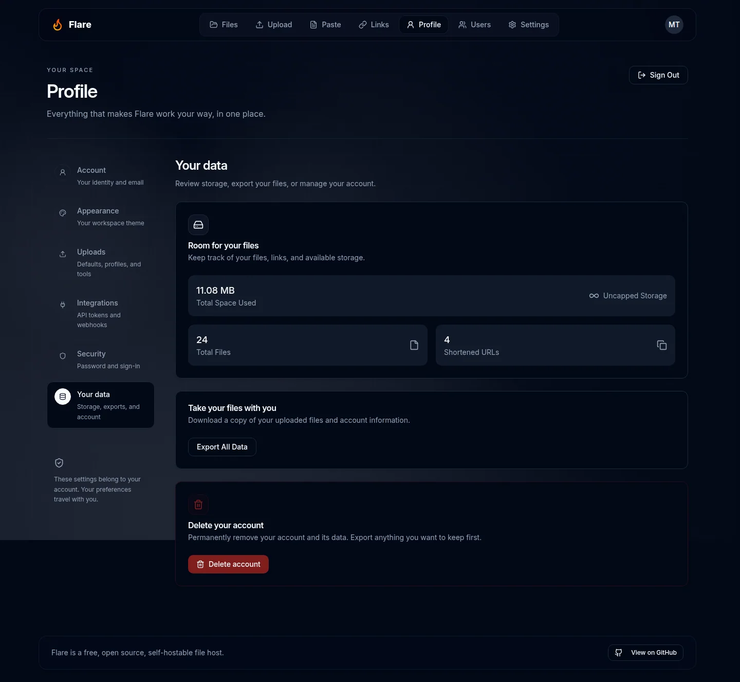 Your data section showing storage usage, export, and account controls