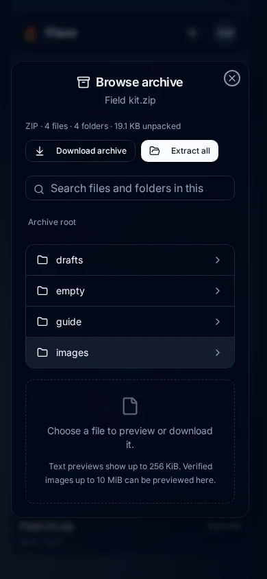 Archive browser at 390 pixels wide showing Field kit.zip folders, search, and Extract all