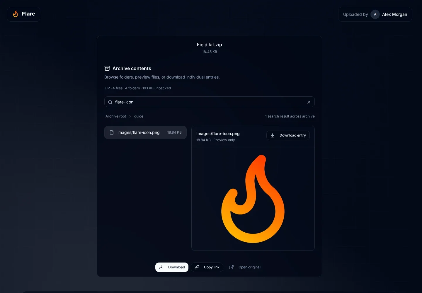 Public archive search for flare-icon showing the verified images/flare-icon.png preview and its download action