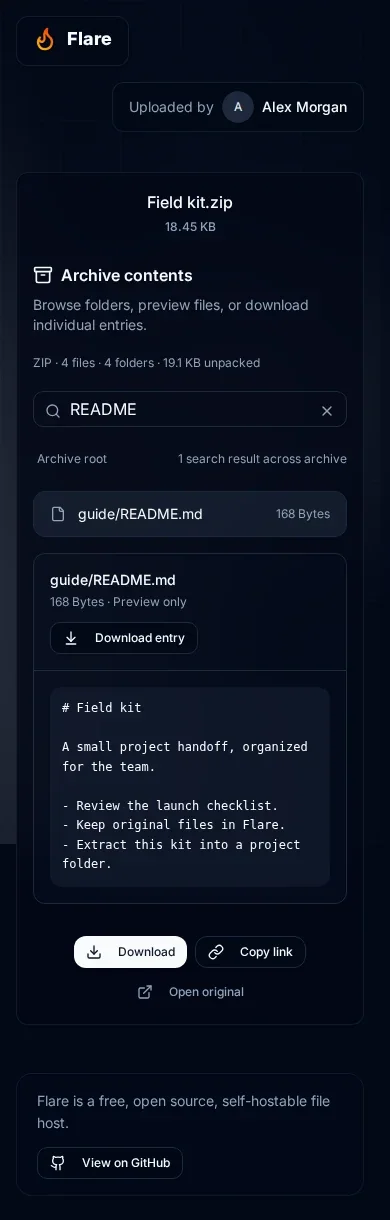 Shared archive at 390 pixels wide with README search result, text preview, Download entry, and whole-archive Download below