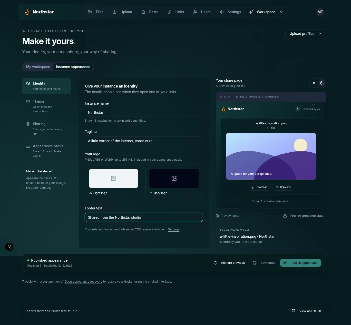Appearance studio identity section with instance name, tagline, and logo fields
