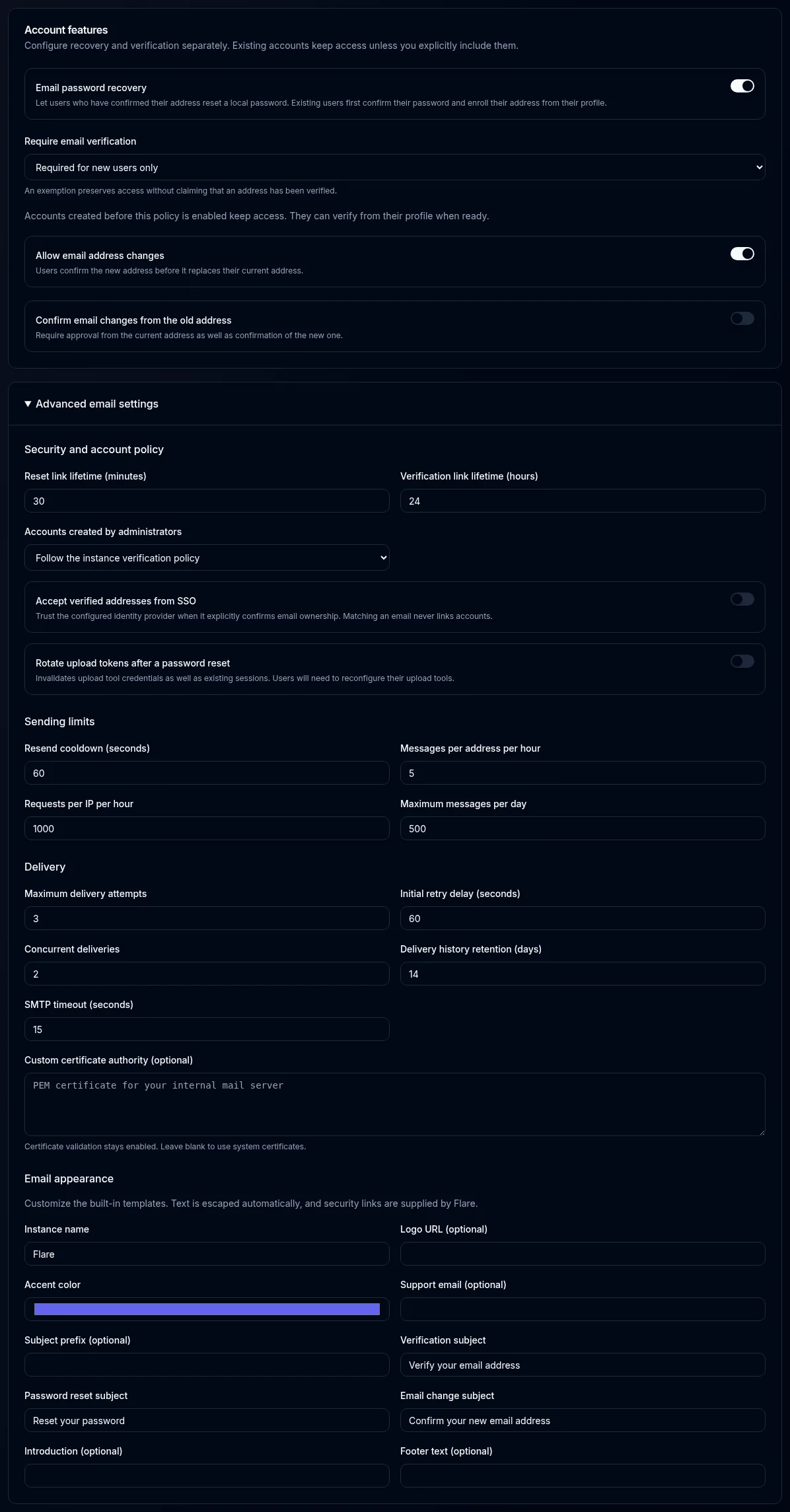 Email policy controls for verification, recovery, and existing-user grace periods