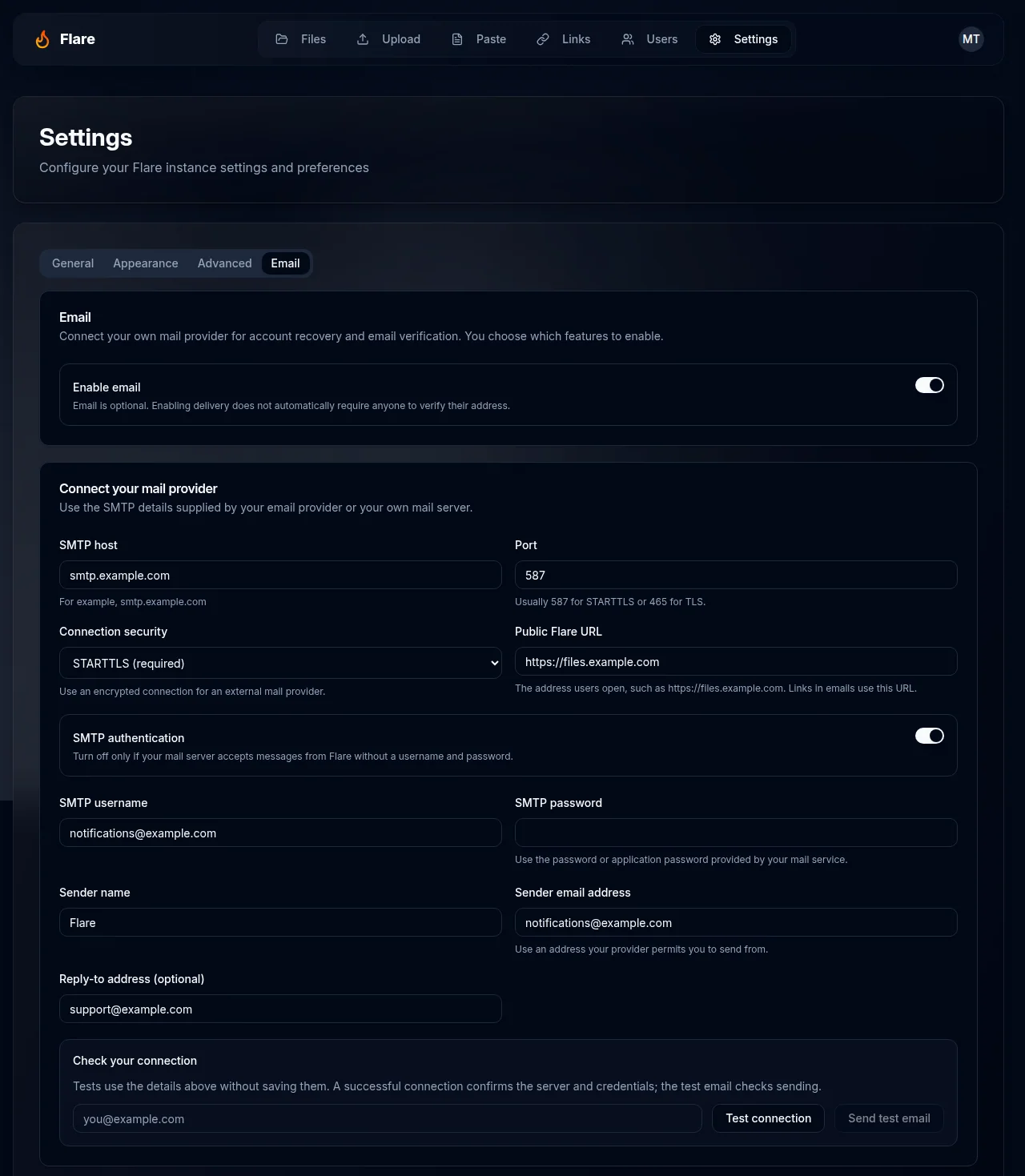 Flare email settings with SMTP provider configuration and testing controls