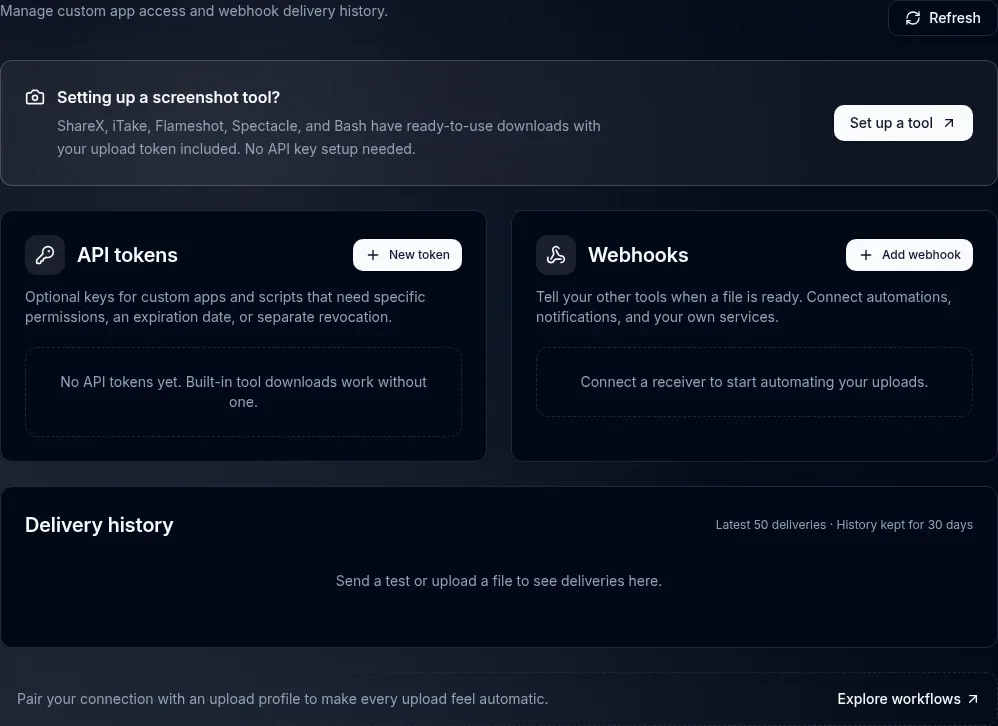The Flare profile integrations screen with API tokens and webhooks
