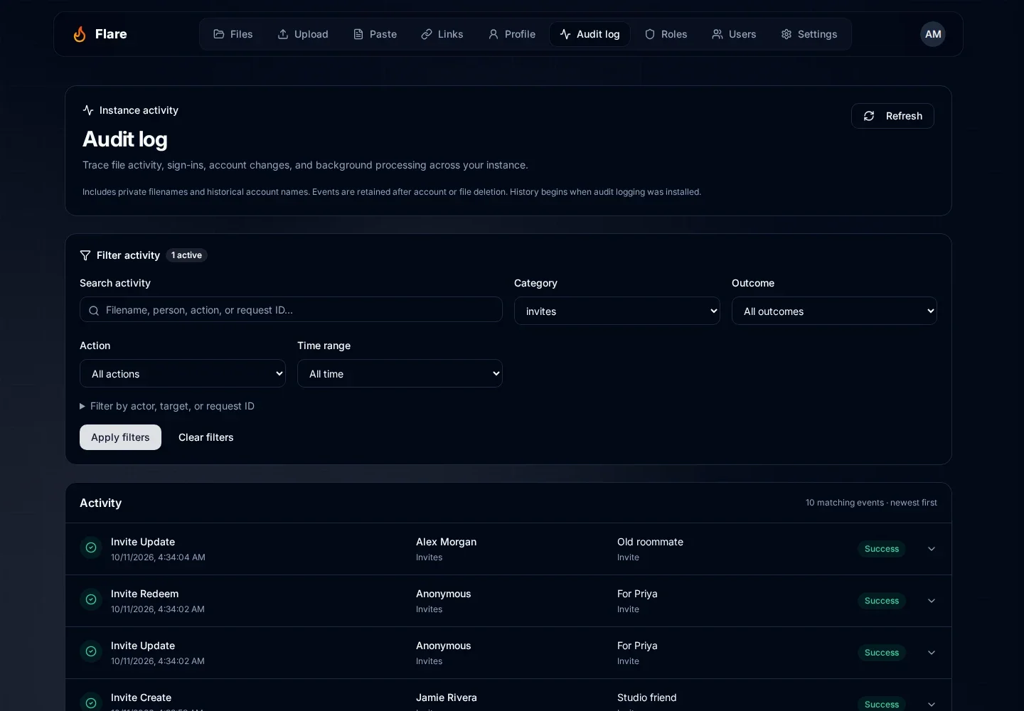 Audit log filtered to the invites category showing invite update, redeem, and create events with their actors and invite notes