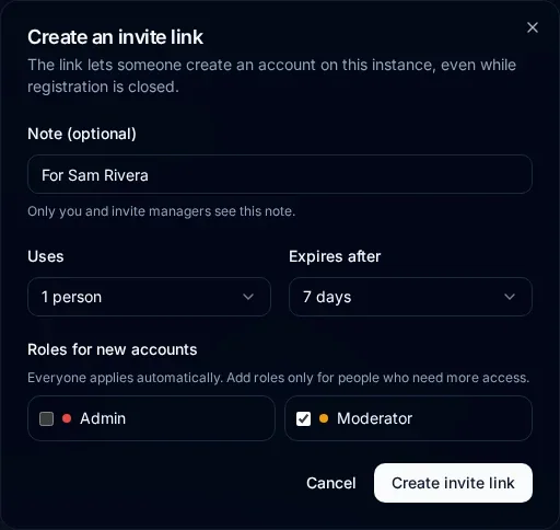 Create an invite link dialog with the note For Sam Rivera, Uses set to 1 person, Expires after set to 7 days, and the Moderator role selected