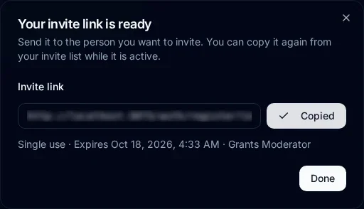 Your invite link is ready dialog showing a blurred invite link, a Copied button, and the summary Single use, an expiry date, and Grants Moderator