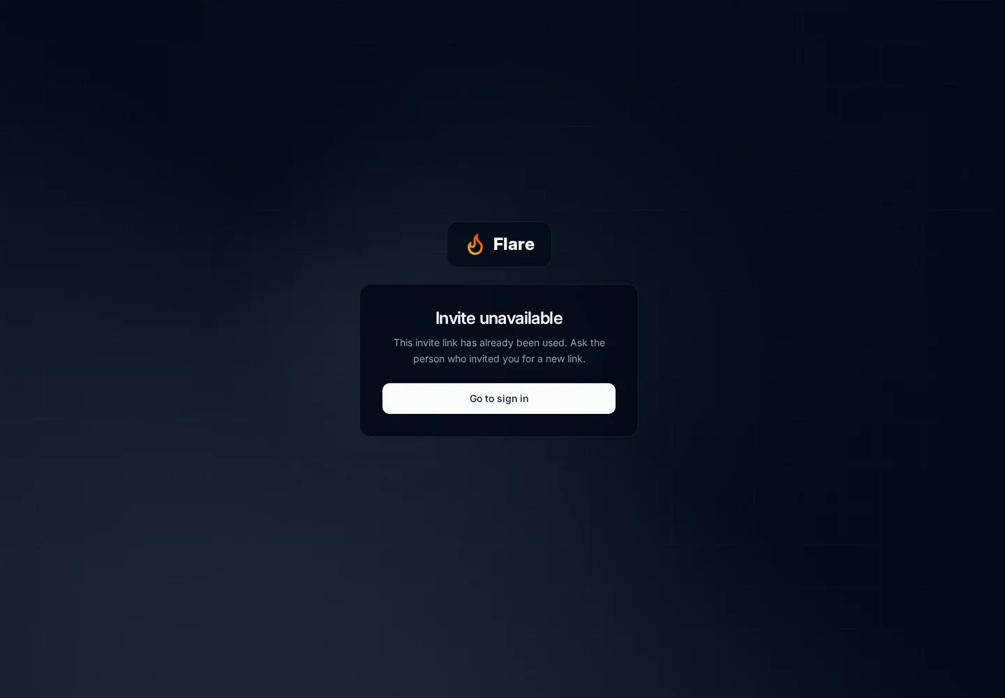 Invite unavailable page saying This invite link has already been used and asking the visitor to request a new link, with a Go to sign in button