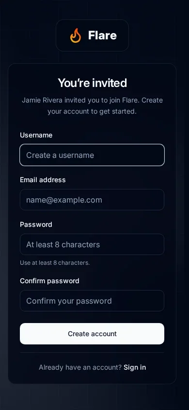 You're invited page on a 390-pixel phone screen with the registration form