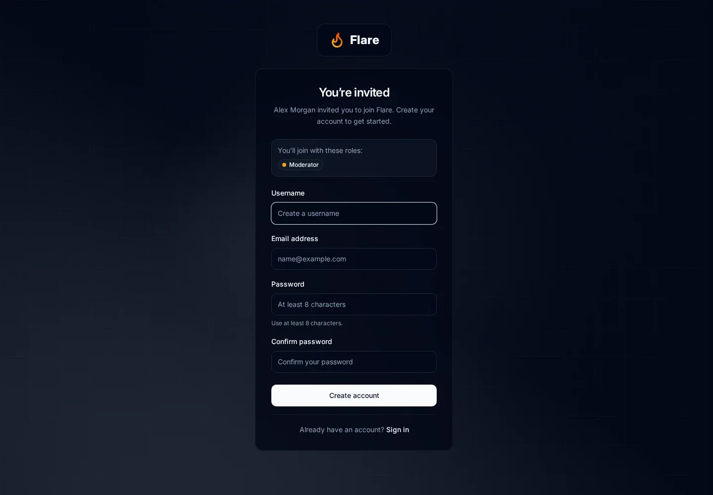 You're invited page: Alex Morgan invited you to join Flare, with the Moderator role listed above username, email, and password fields